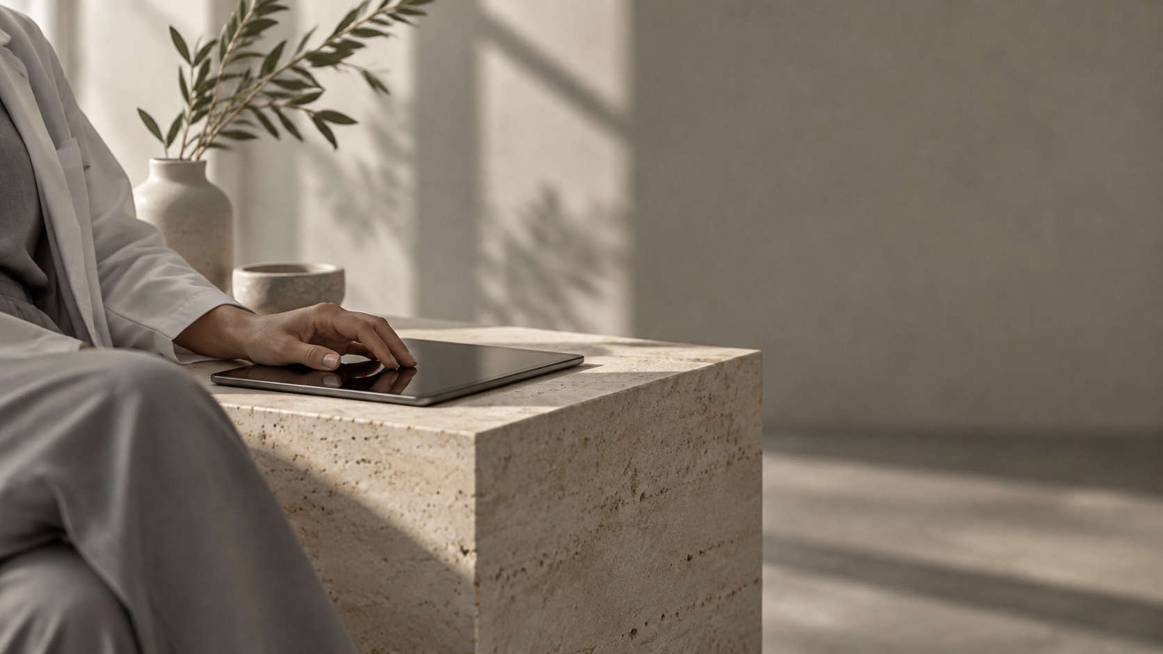 Clinician's hand resting on a tablet beside a stone plinth