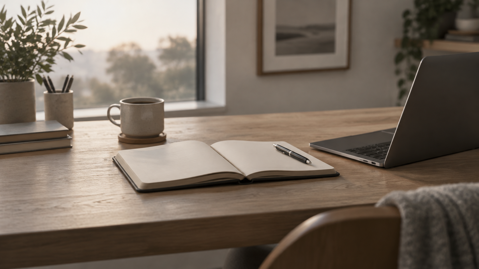 Notebook and laptop on a desk during a planning session