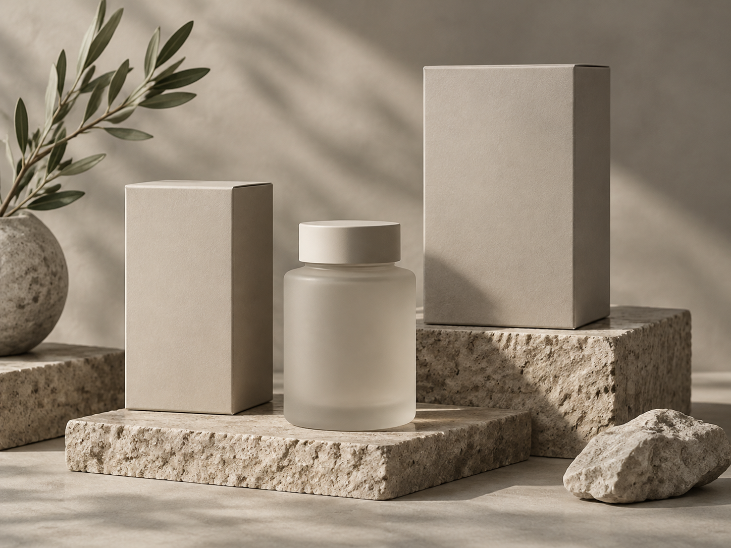 Minimal unbranded wellness product packaging on a plinth