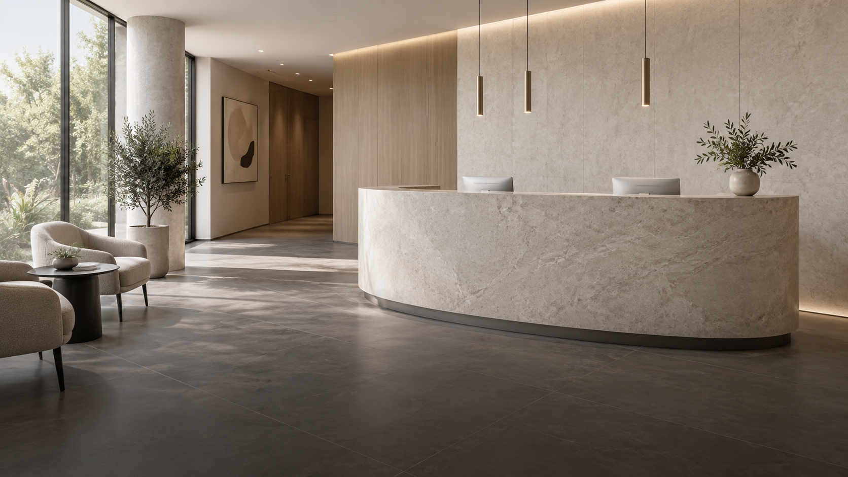 Bright modern clinic reception with a curved counter