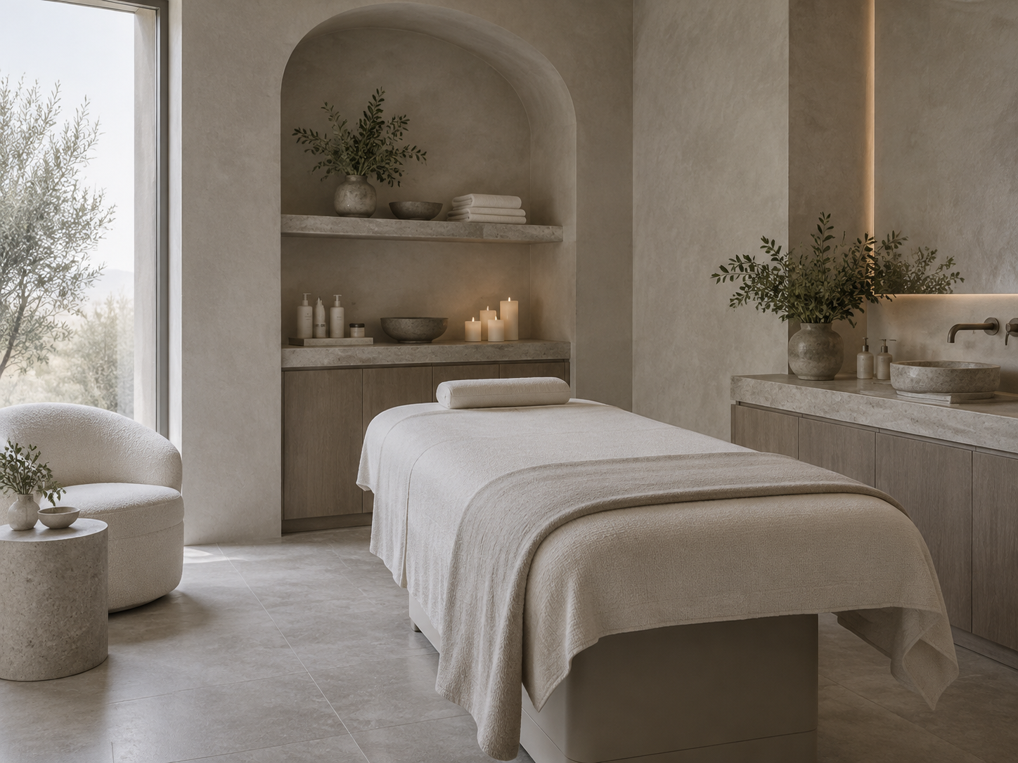 Calm med spa treatment room with soft daylight