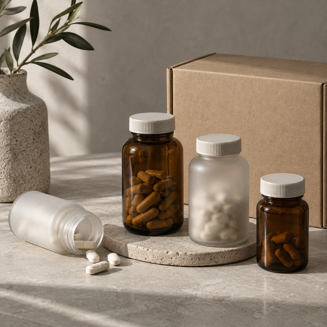 Unlabeled amber medication bottles on a stone surface