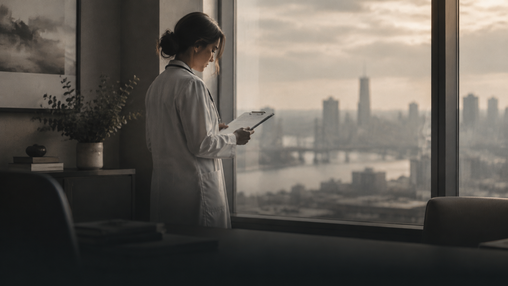 Clinician in a white coat reviewing notes by a window